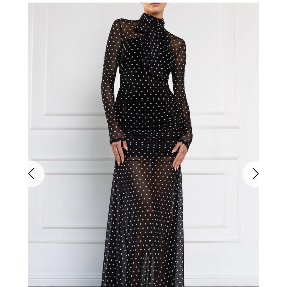 Black Halo Black Sheer Polka Dot Maxi Dress with White Dots